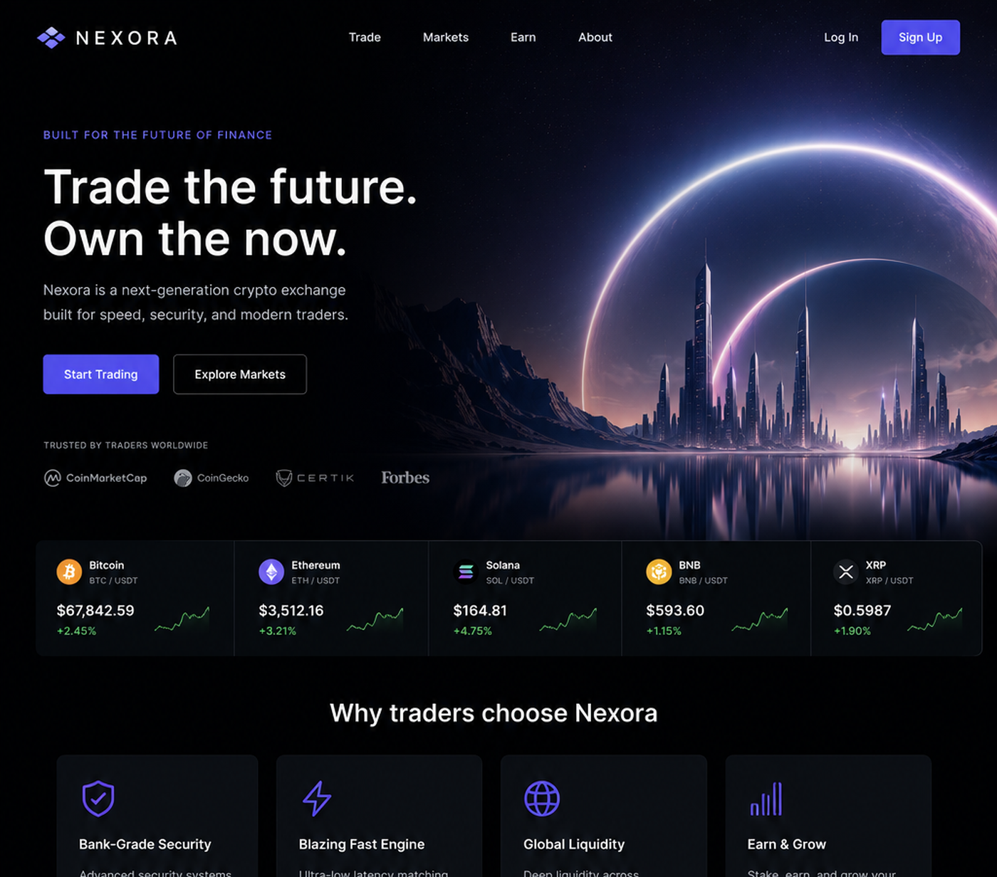 Nexora crypto exchange website homepage case preview